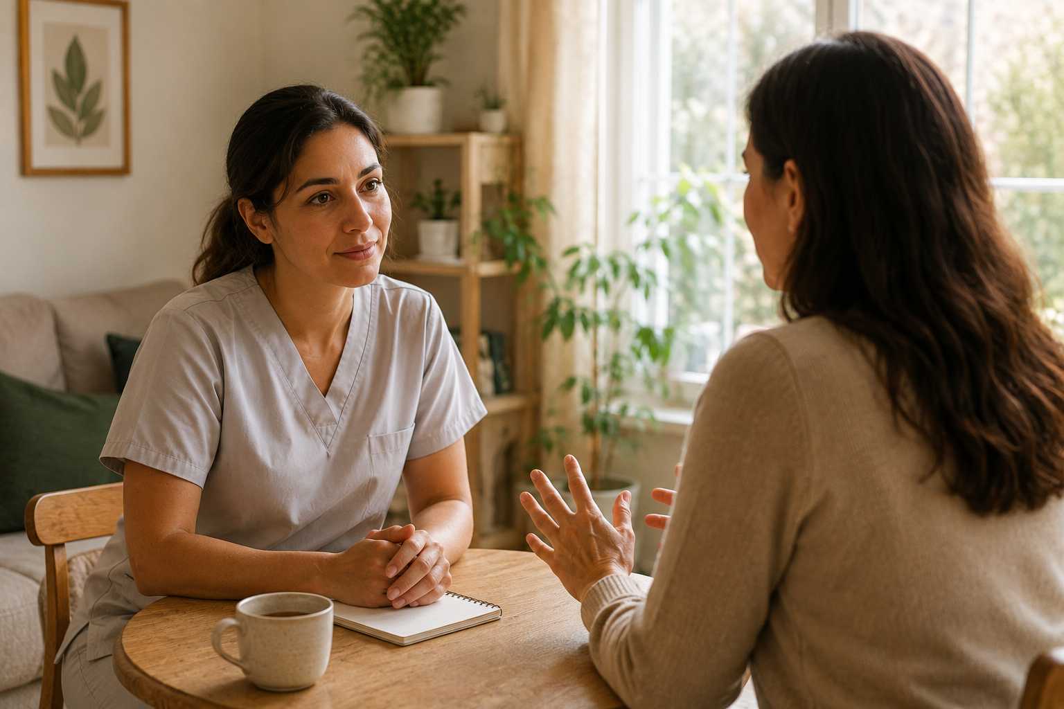 A healthcare professional listening attentively to a patient across a small table in a bright, home-like room
