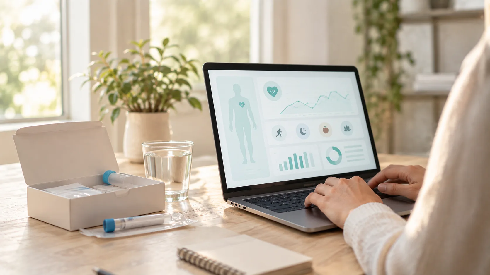 A home desk with a laptop showing a health dashboard beside an unbranded lab collection kit in morning light.