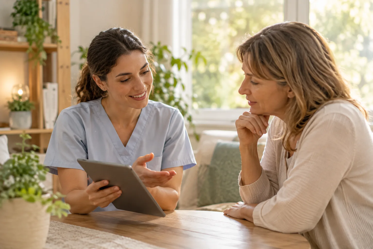A healthcare professional explaining lab results on a tablet to a relaxed patient in a bright, home-like room.
