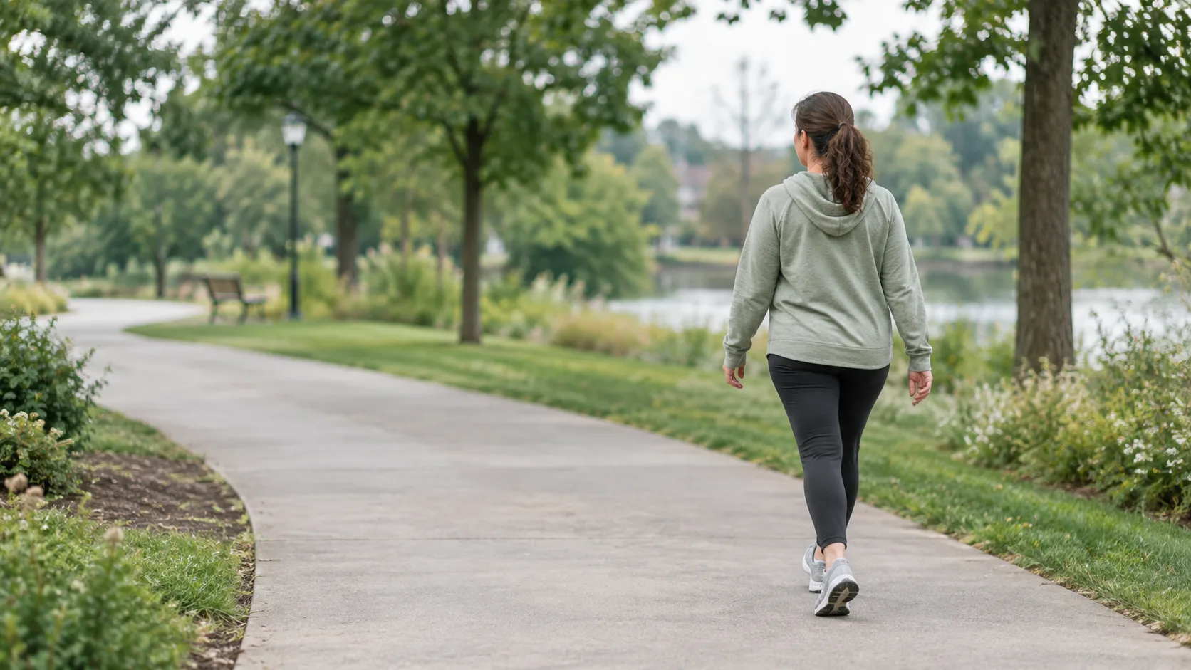 A woman in her forties walking at an unhurried pace along a paved park path under soft overcast light, seen from behind