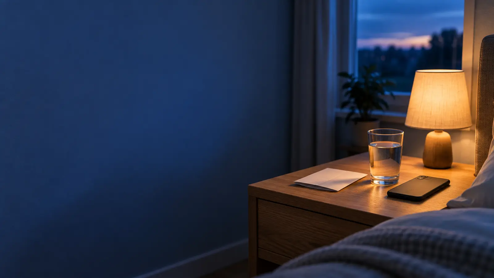 A plain glass of water on a wooden bedside table in blue pre-dawn light, with a small warm lamp lit behind it