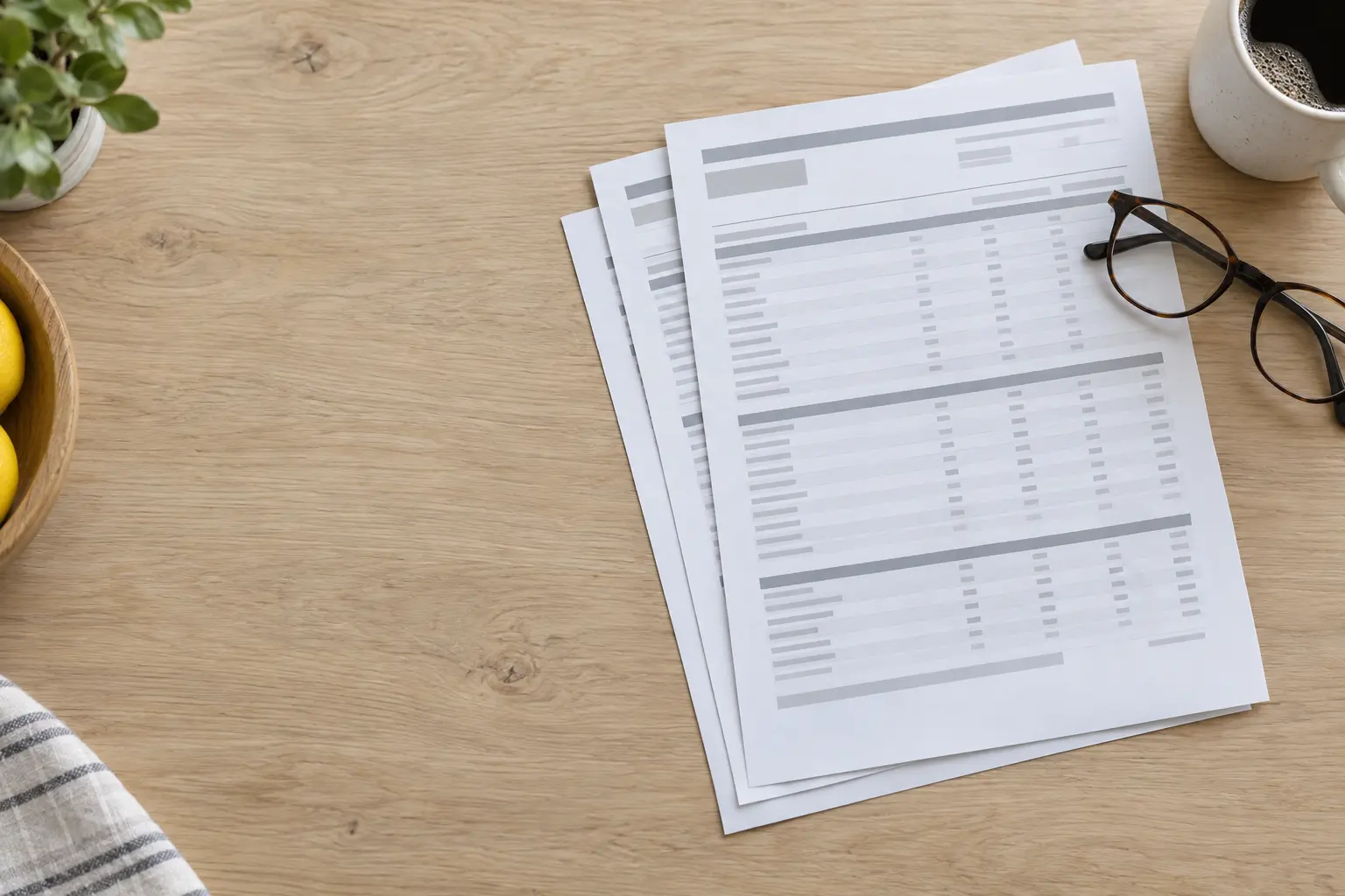 A printed multi-page lab report on a pale oak kitchen counter beside reading glasses, the content not legible