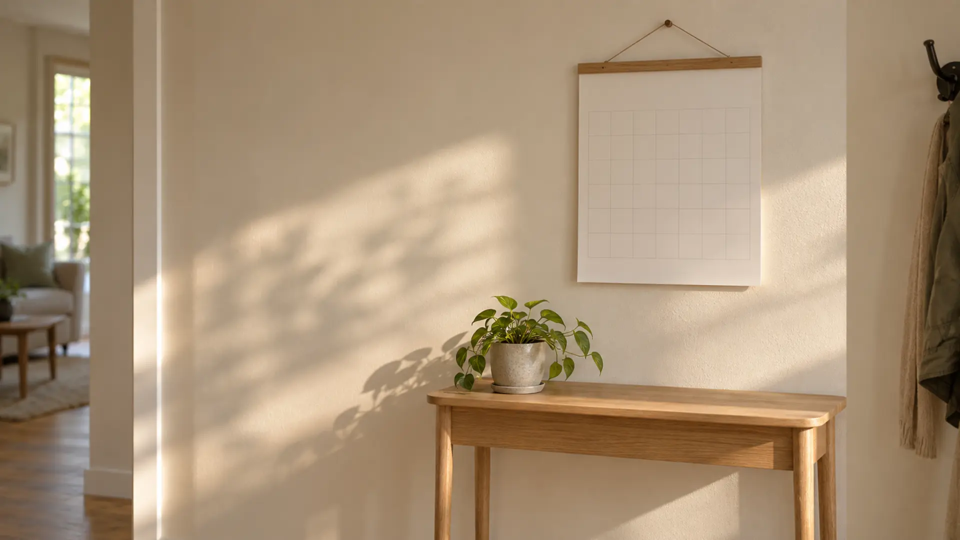 A plain paper wall calendar hanging in a domestic hallway above a console table with a small plant, in mid-afternoon light