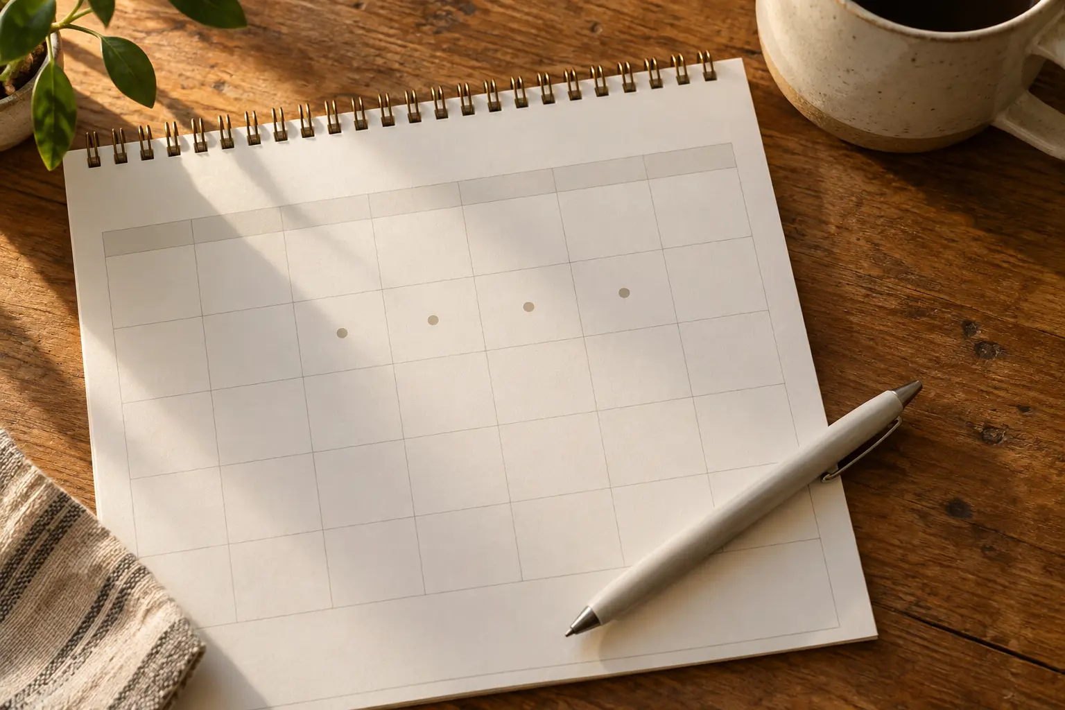 An overhead view of a plain desk calendar page with four evenly spaced marks and a pen resting across it in warm afternoon light